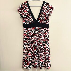 Vintage Y2K Black White & Red Swirl Dress Cap Sleeve Deep V Neck -Size Large EUC